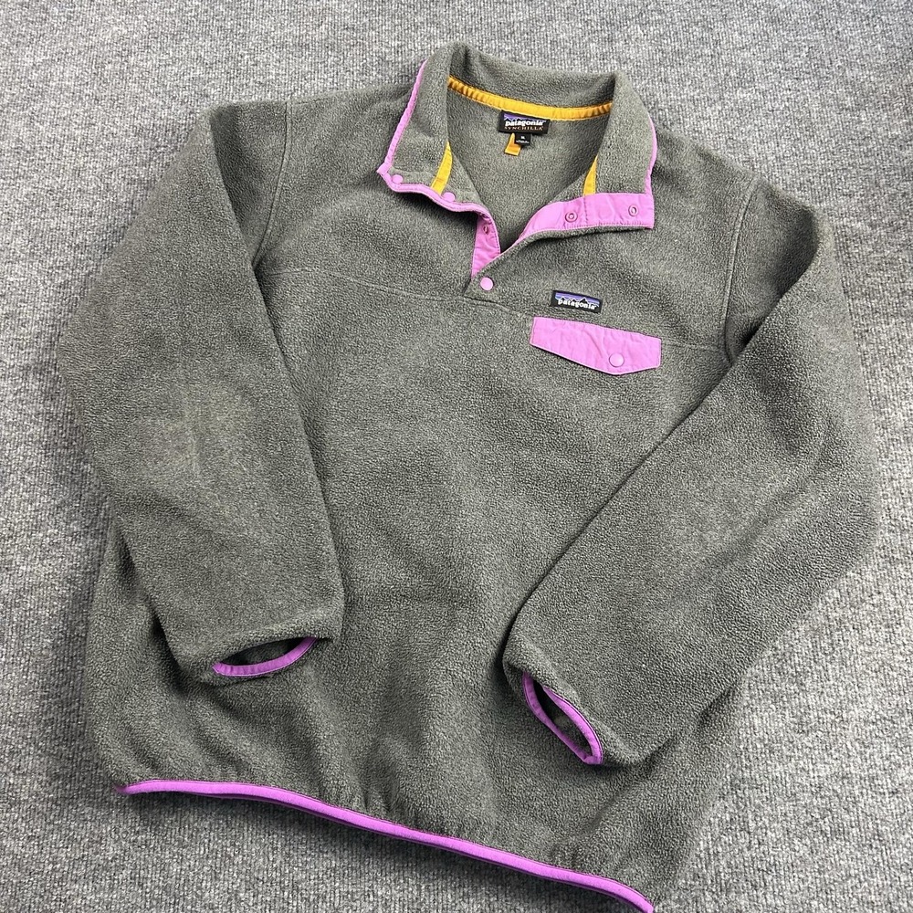 Patagonia Jacket Womens XL Gray Synchilla Fleece Snap Pullover Contrast Trim